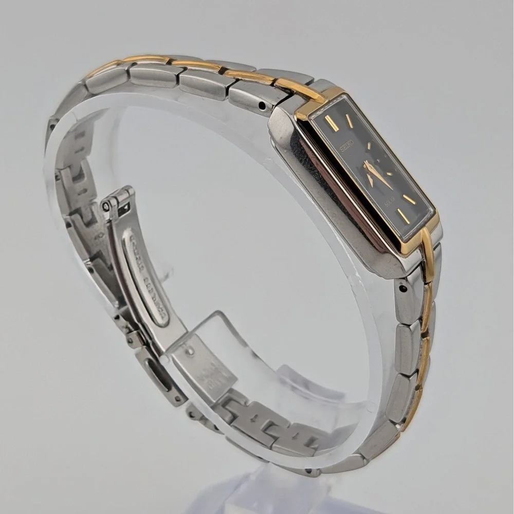 Seiko Solar Two Tone Black Sunburst Dial Rectangular Women's Watch V116-0AH0